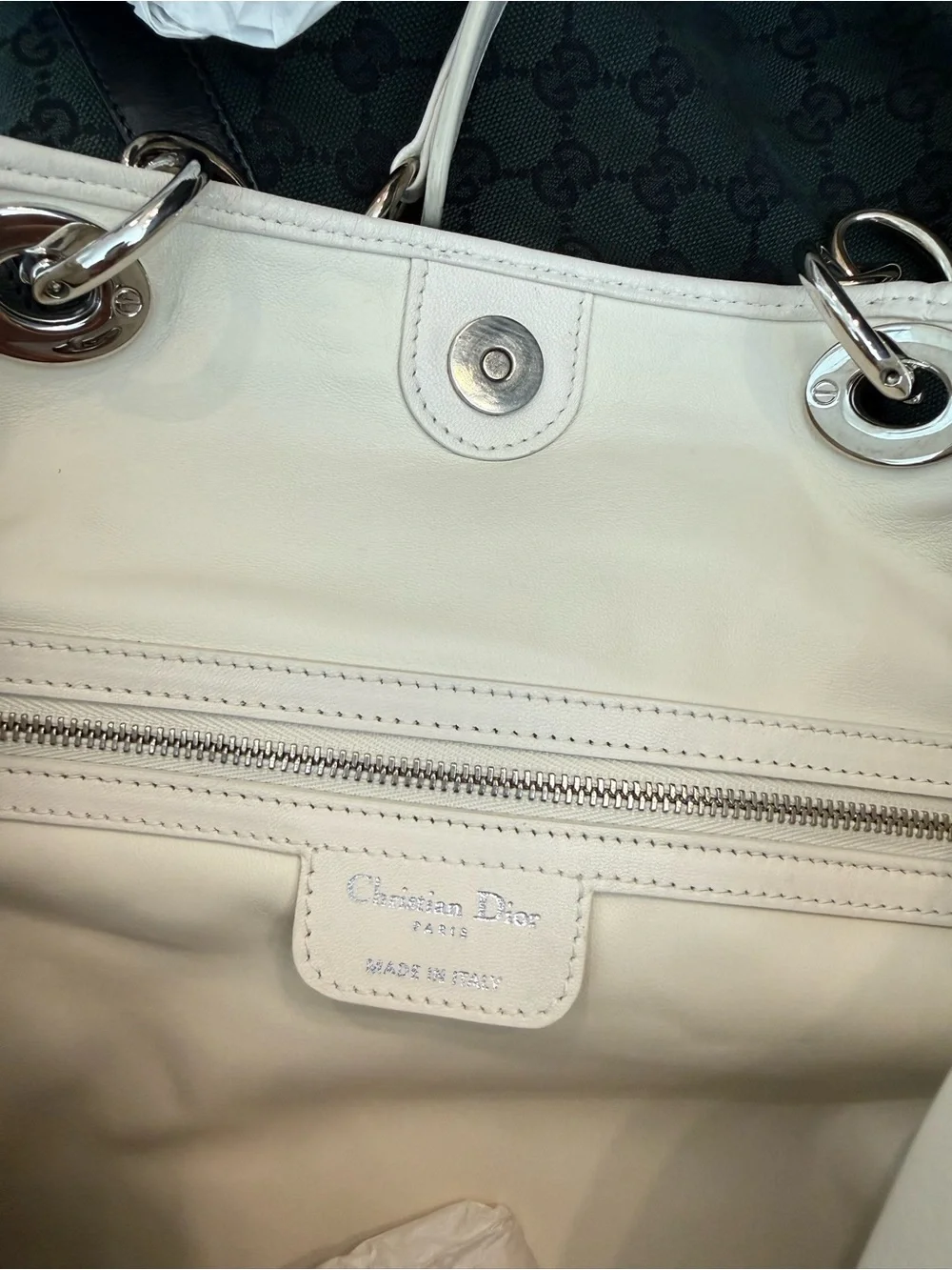 Authentic Christian Dior Woven Lambskin Soft Lady Dior Tote Bag, Silver Hardware